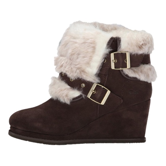 CATERPILLAR CAT BOISTEROUS FAUX FUR CAFE BROWN SUEDE WEDGE WINTER BOOTIES BOOTS - Picture 1 of 13
